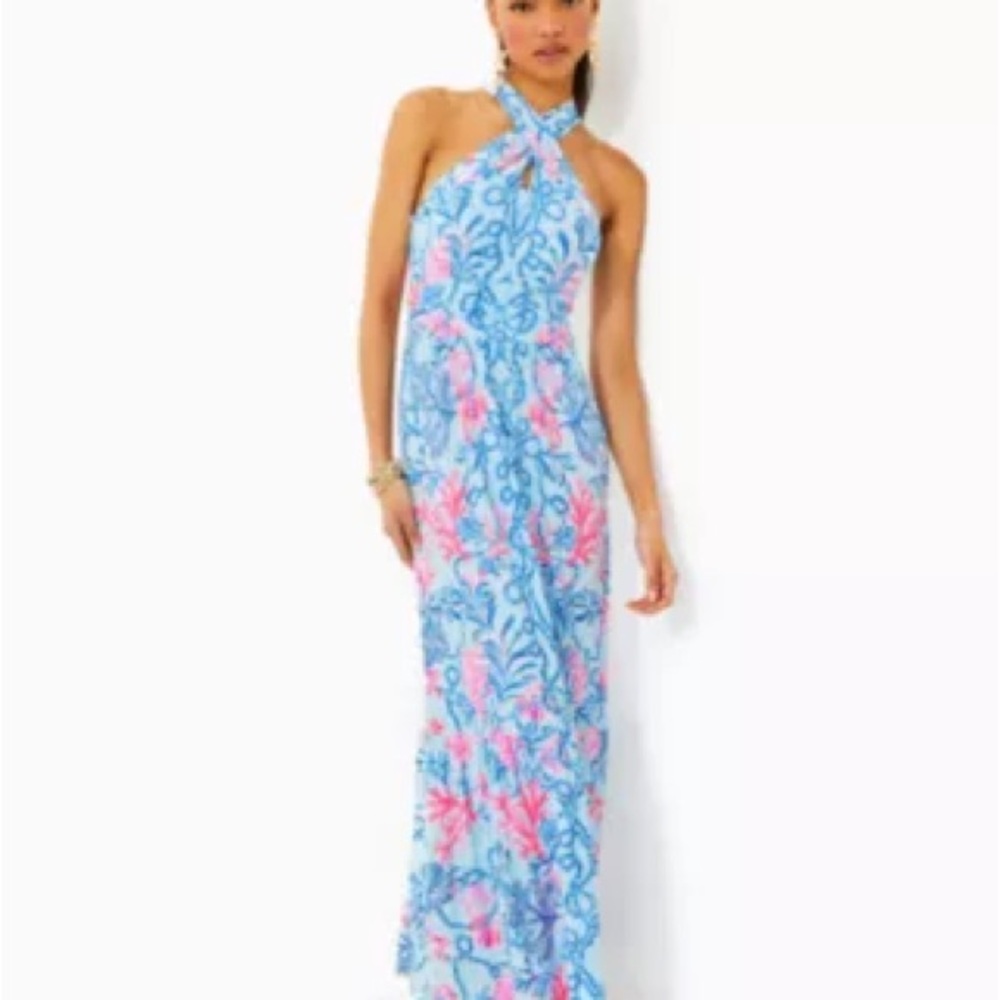Lilly Pulitzer Pink and Blue Halter Maxi Sundress
